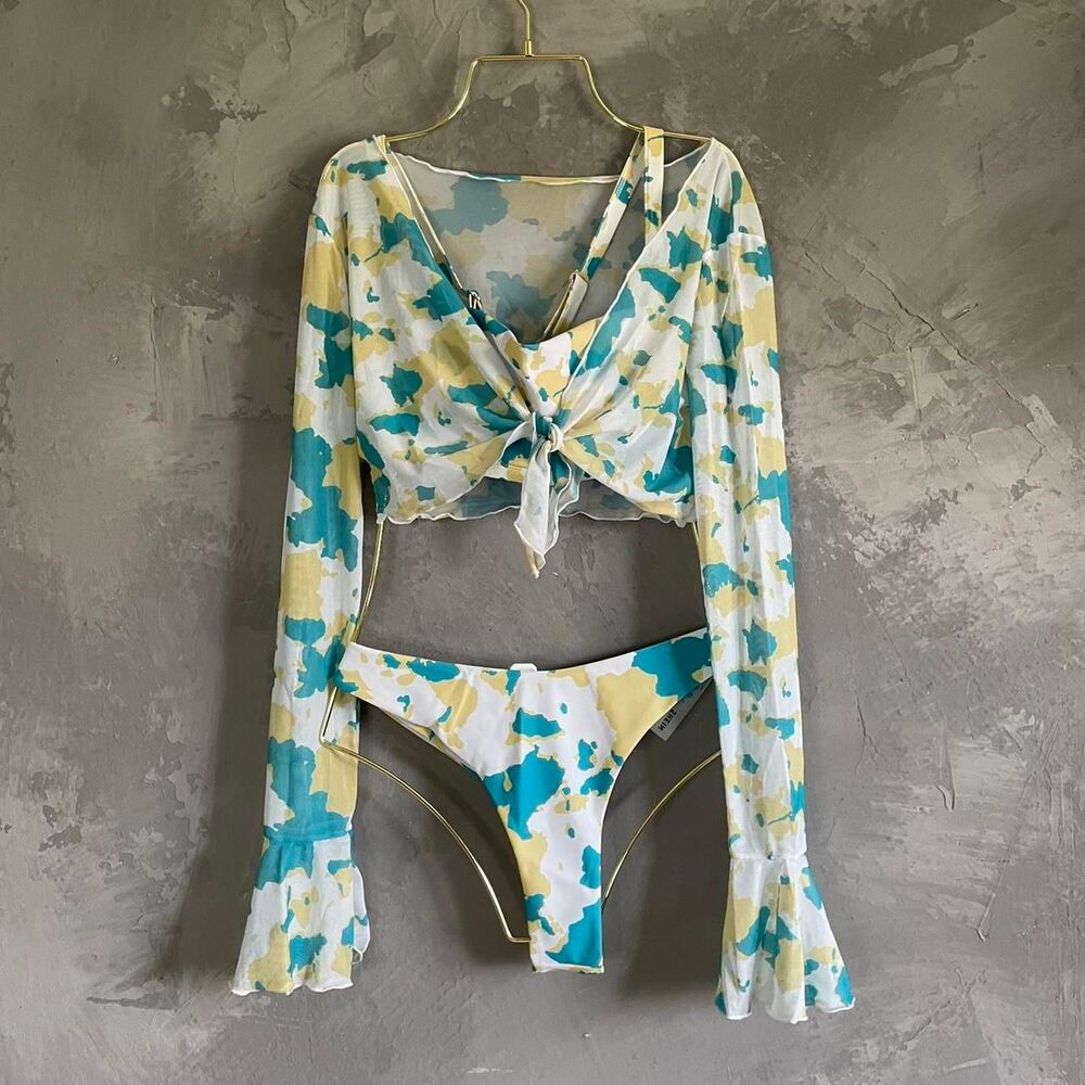 SHEIN Cow Print 3 Piece Bikini Set Mesh Tie Front Cover Up L